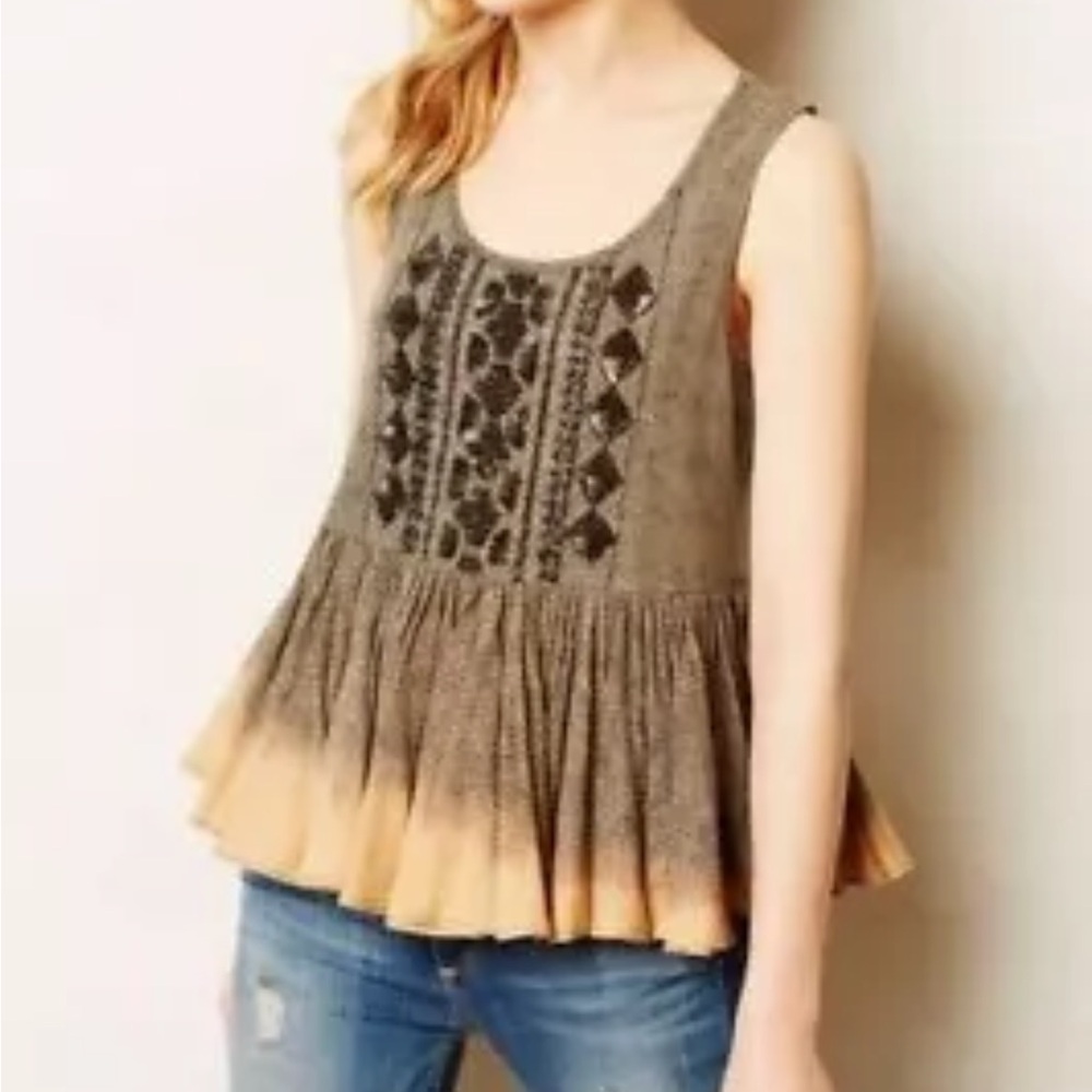 Anthropologie Akemi Kin Anaphora Tank Top Size Small Peplum Yellow Beaded Boho - Picture 2 of 9